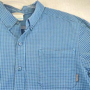 COLUMBIA Mens L Blue Plaid Shirt Button Down Short Sleeve Casual Pocket Collar